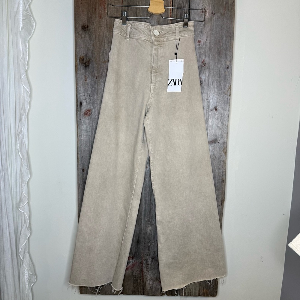 NWT Zara Marine Straight Wide Leg Denim Pants in Khaki Beige Raw Hem size 2 - Picture 2 of 12